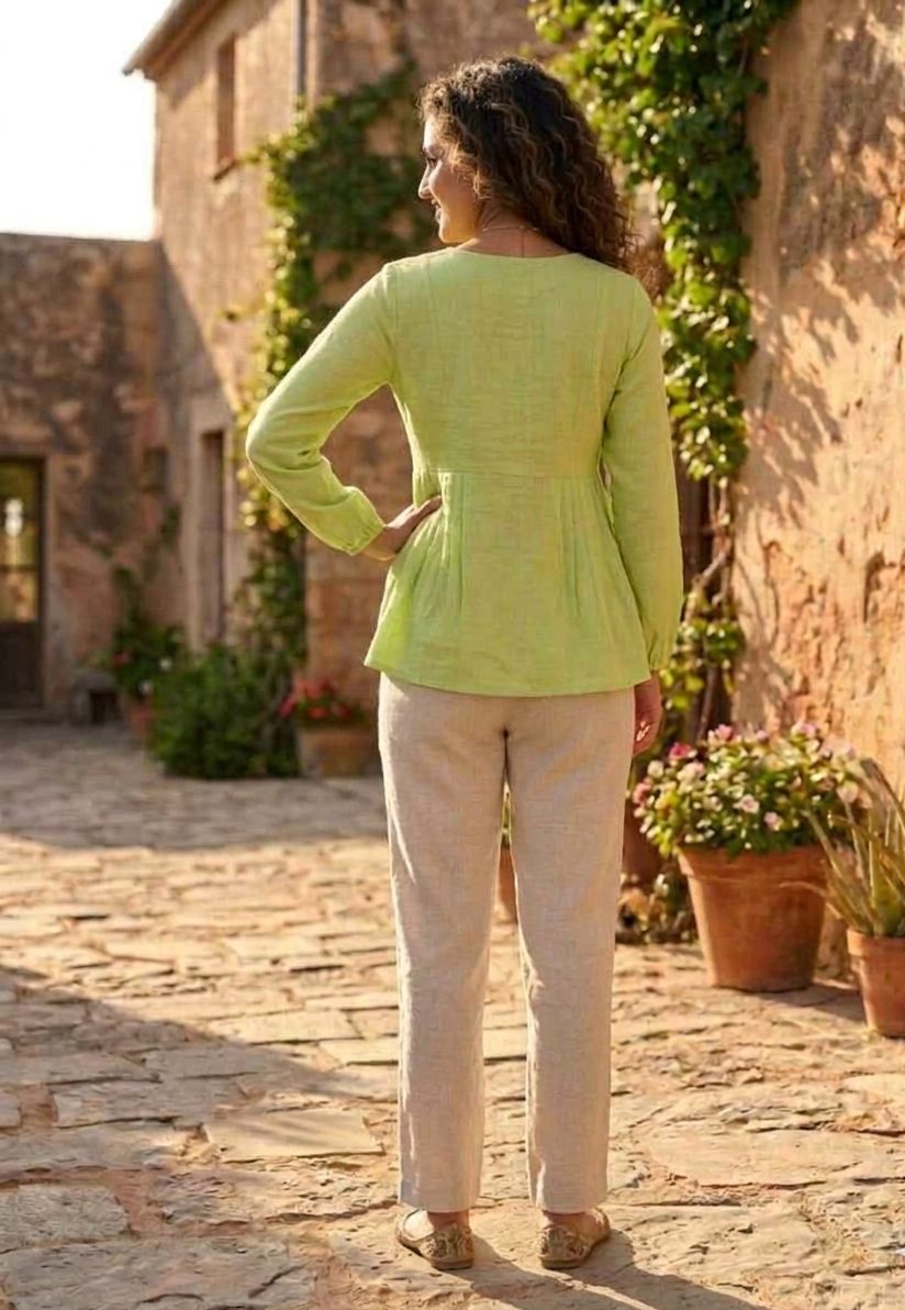 Parrot Green Solid Linen Cotton Designer Co-Ord Set — alternate view