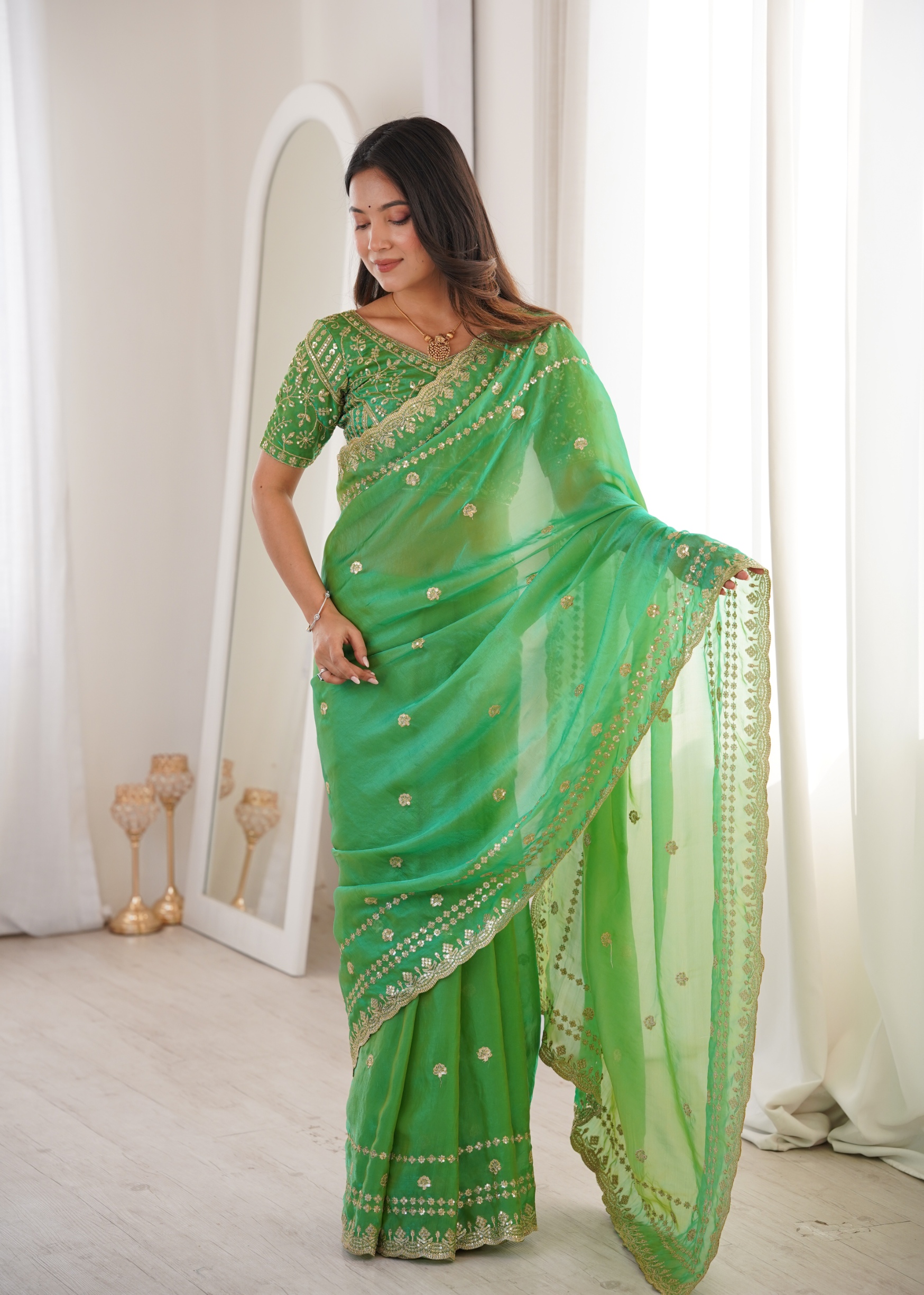 Parrot Green Traditional Fendy Satin Saree