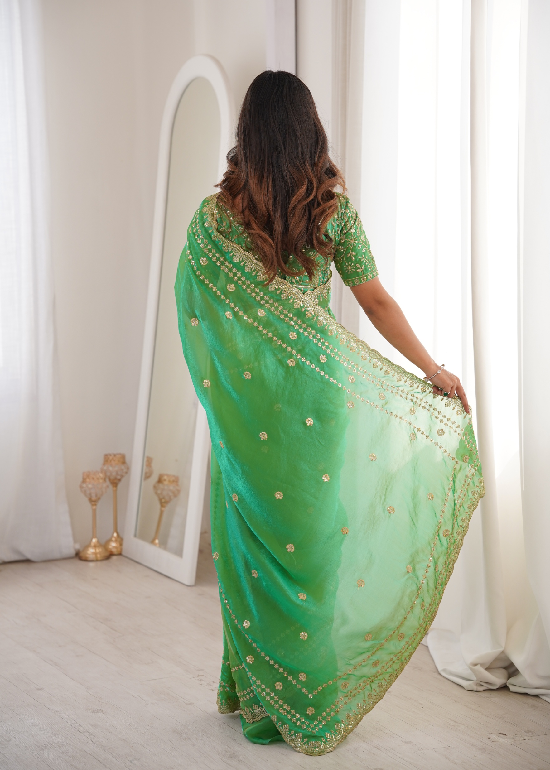 Parrot Green Traditional Fendy Satin Saree — alternate view