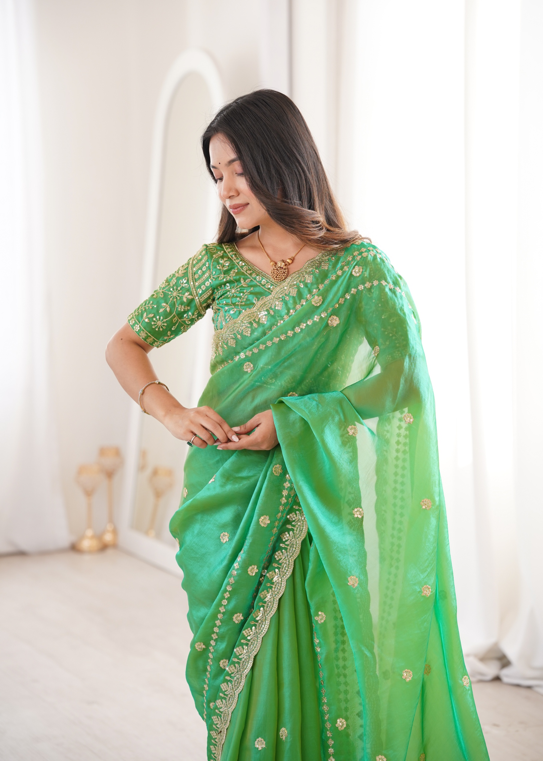 Parrot Green Traditional Fendy Satin Saree