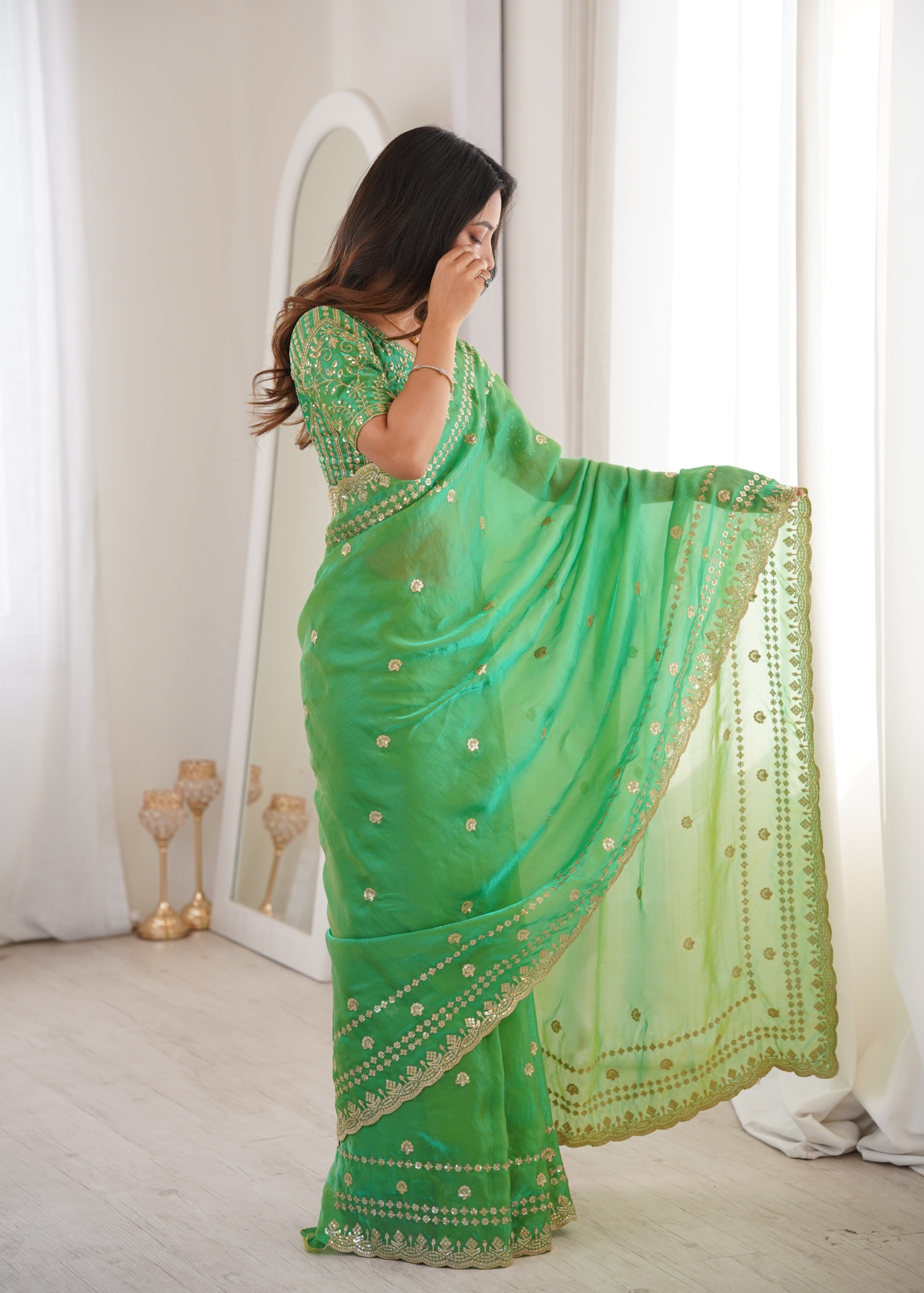 Parrot Green Traditional Fendy Satin Saree