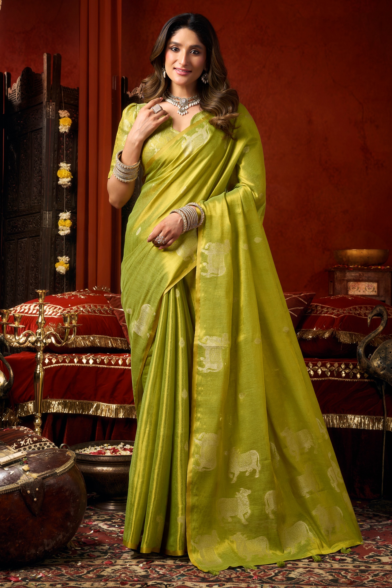 Parrot Green Woven Butta Tassel Saree