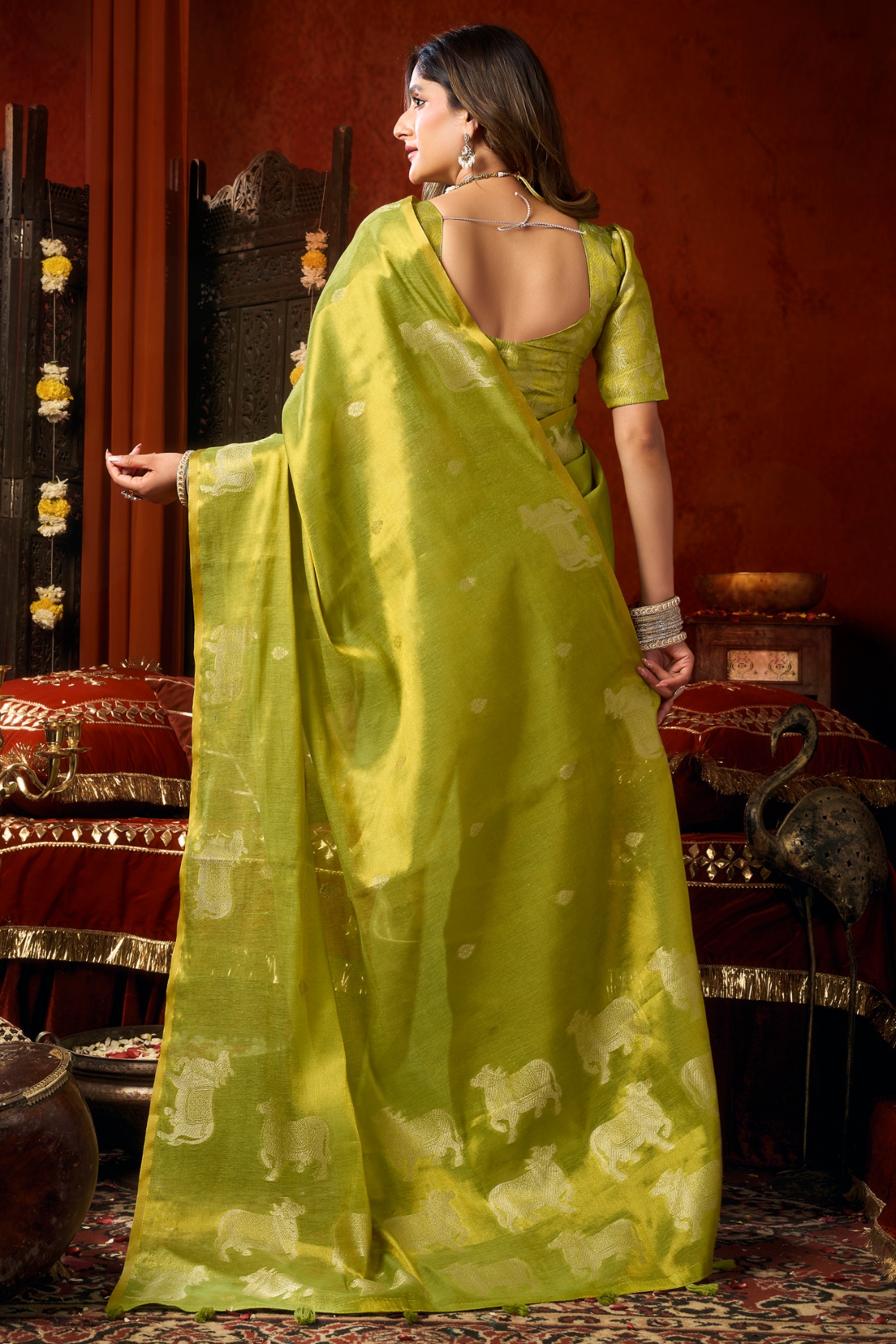 Parrot Green Woven Butta Tassel Saree — alternate view