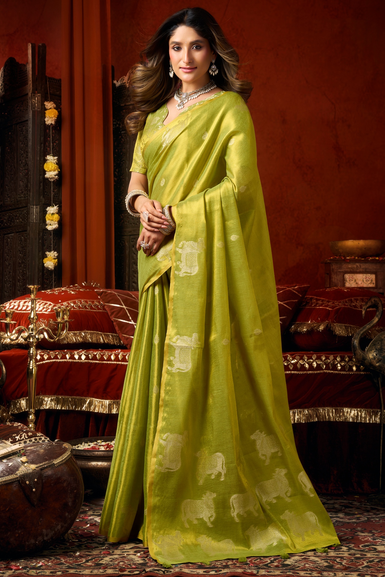 Parrot Green Woven Butta Tassel Saree