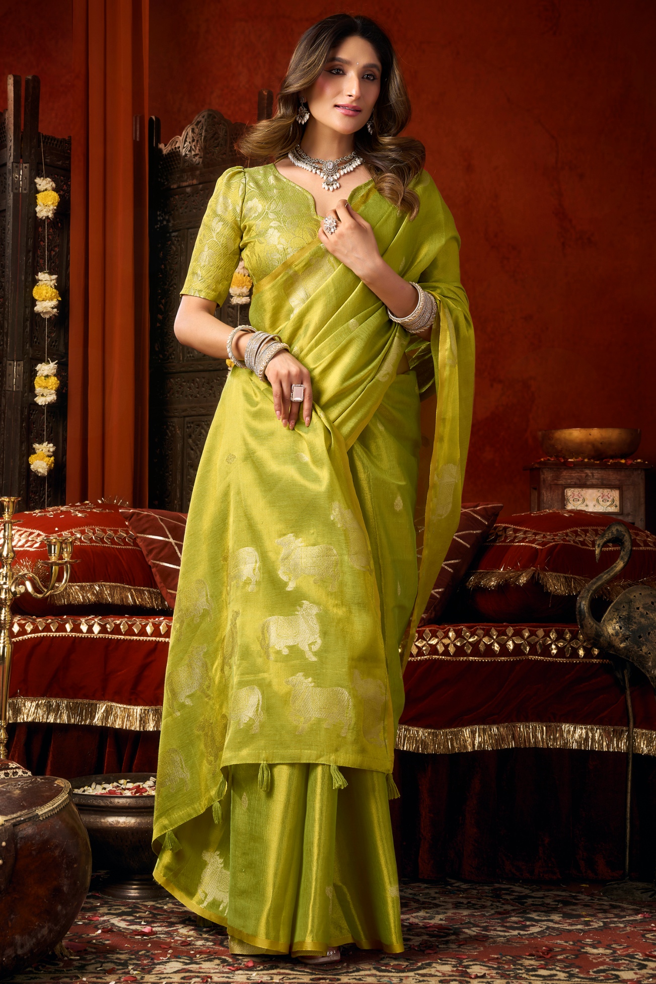 Parrot Green Woven Butta Tassel Saree