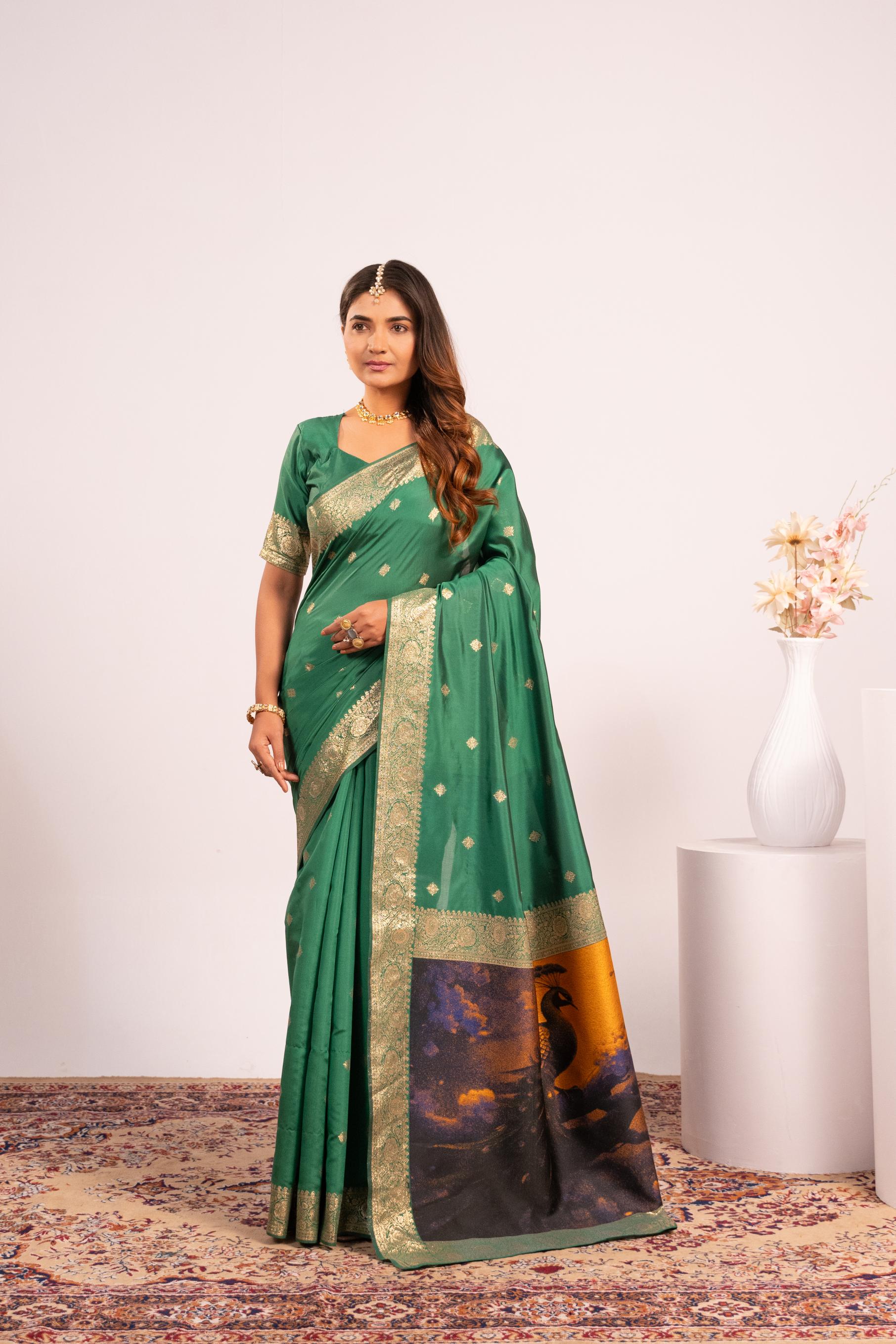 Parrot Green Zari Resham Designer Banarasi Silk Saree