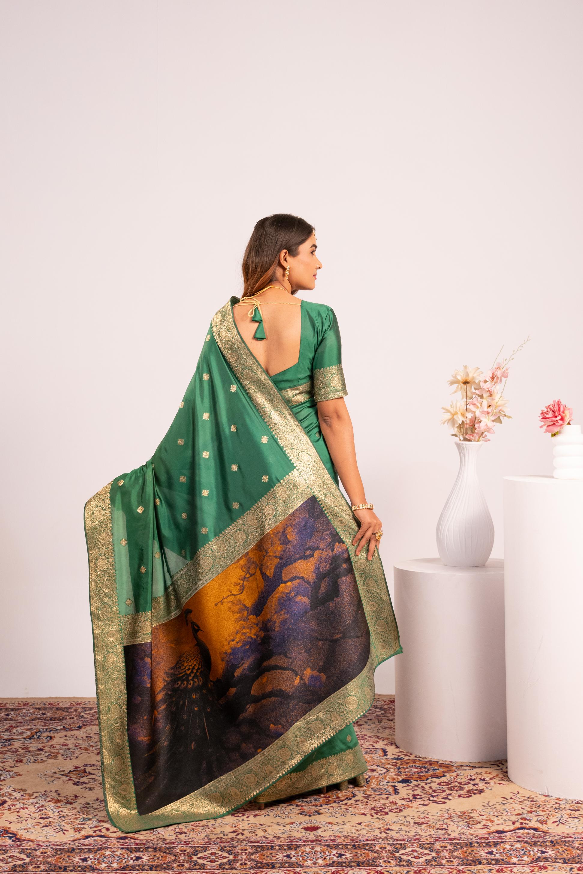 Parrot Green Zari Resham Designer Banarasi Silk Saree — alternate view
