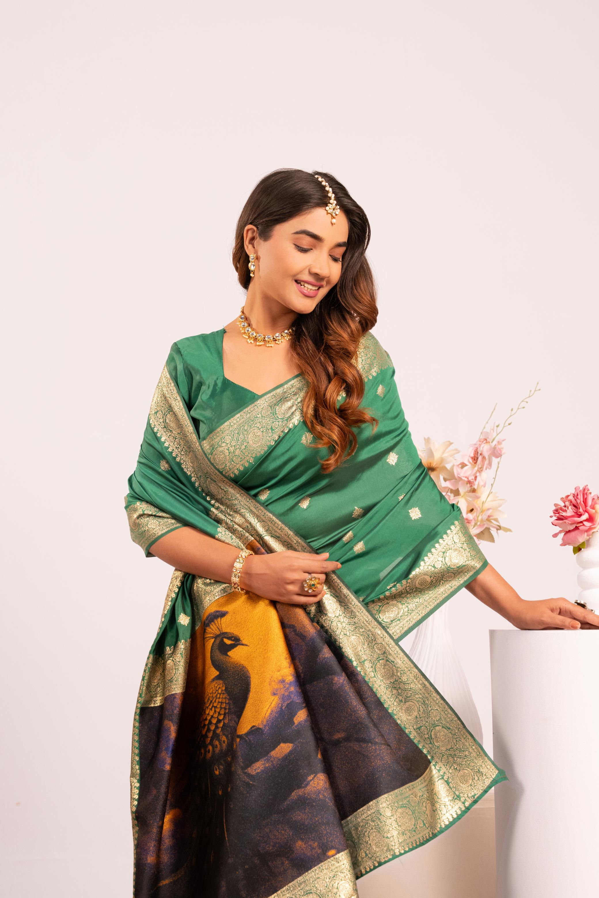 Parrot Green Zari Resham Designer Banarasi Silk Saree