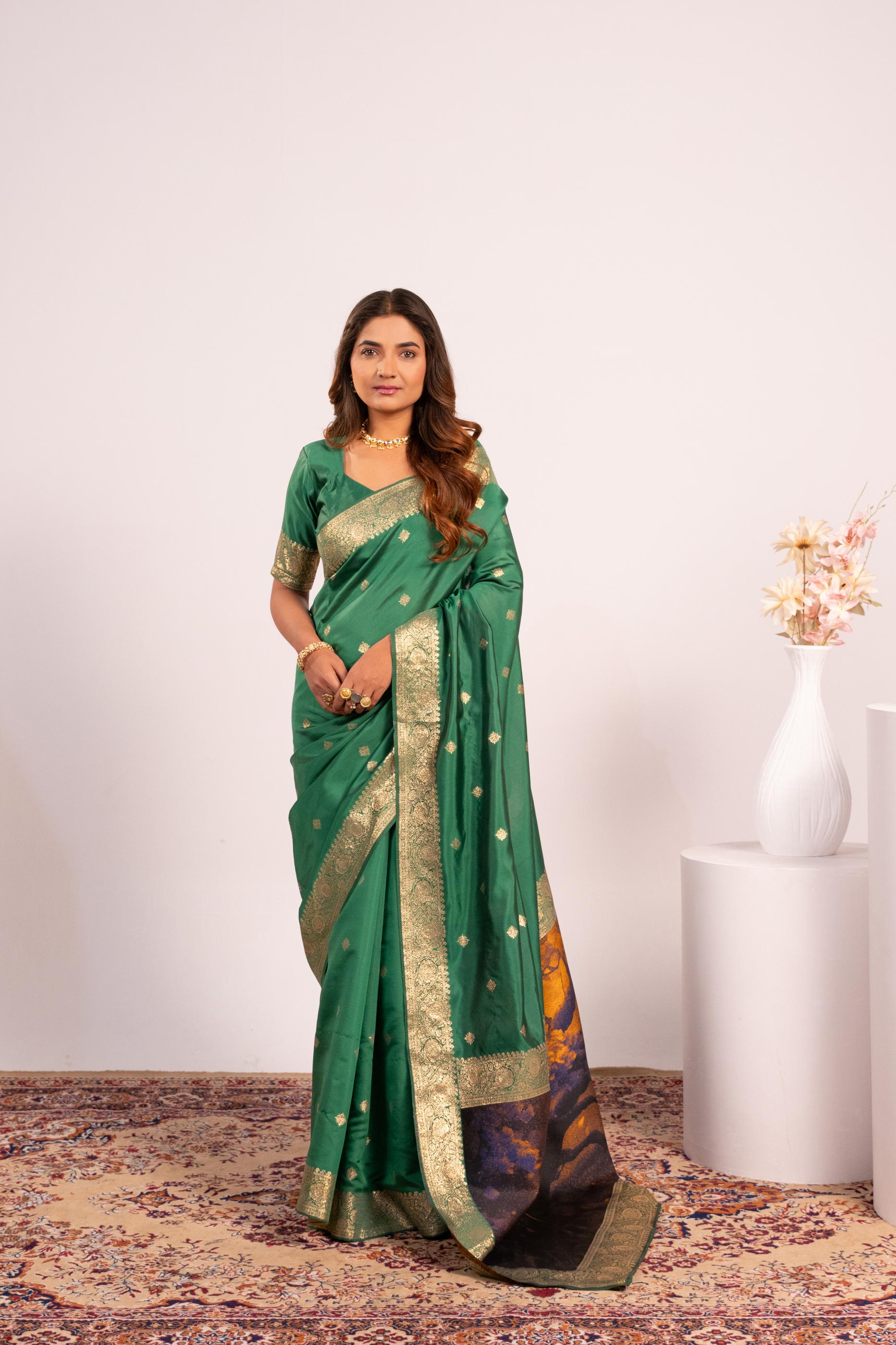 Parrot Green Zari Resham Designer Banarasi Silk Saree