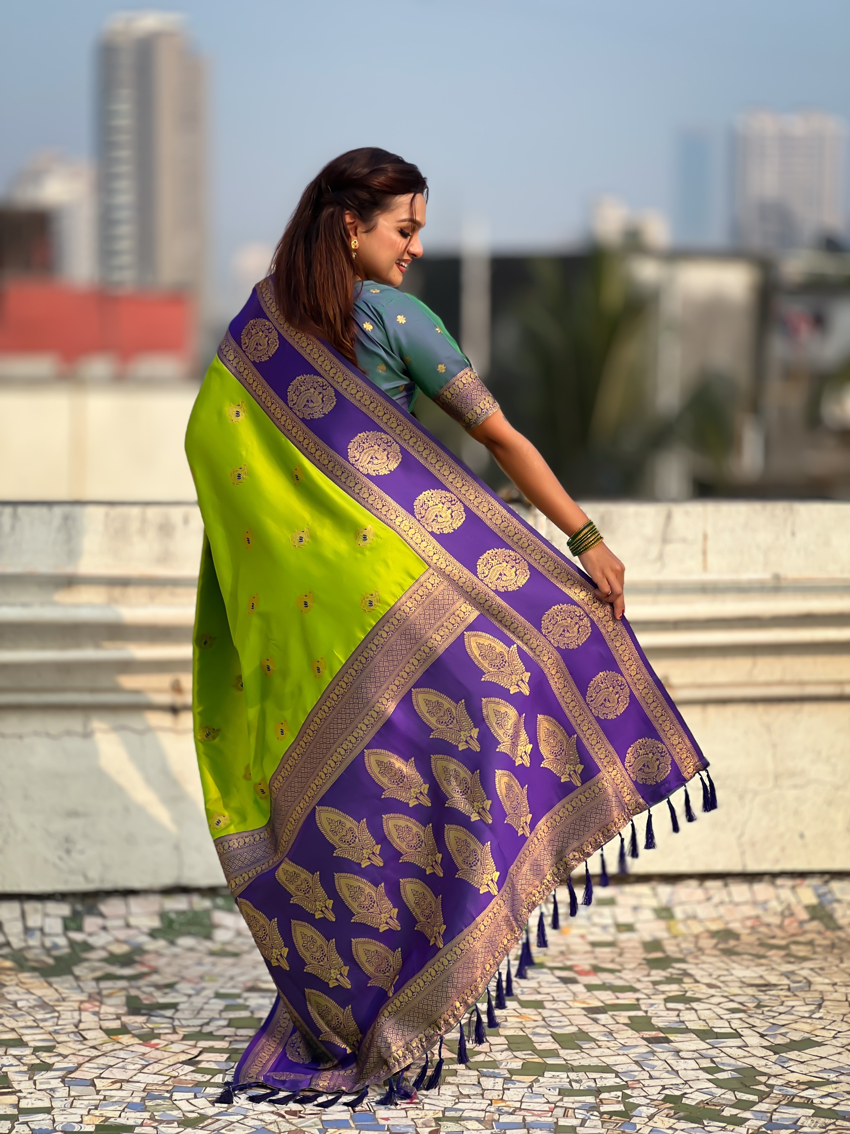 Parrot Green Zari Woven Soft Silk Festive Saree — alternate view
