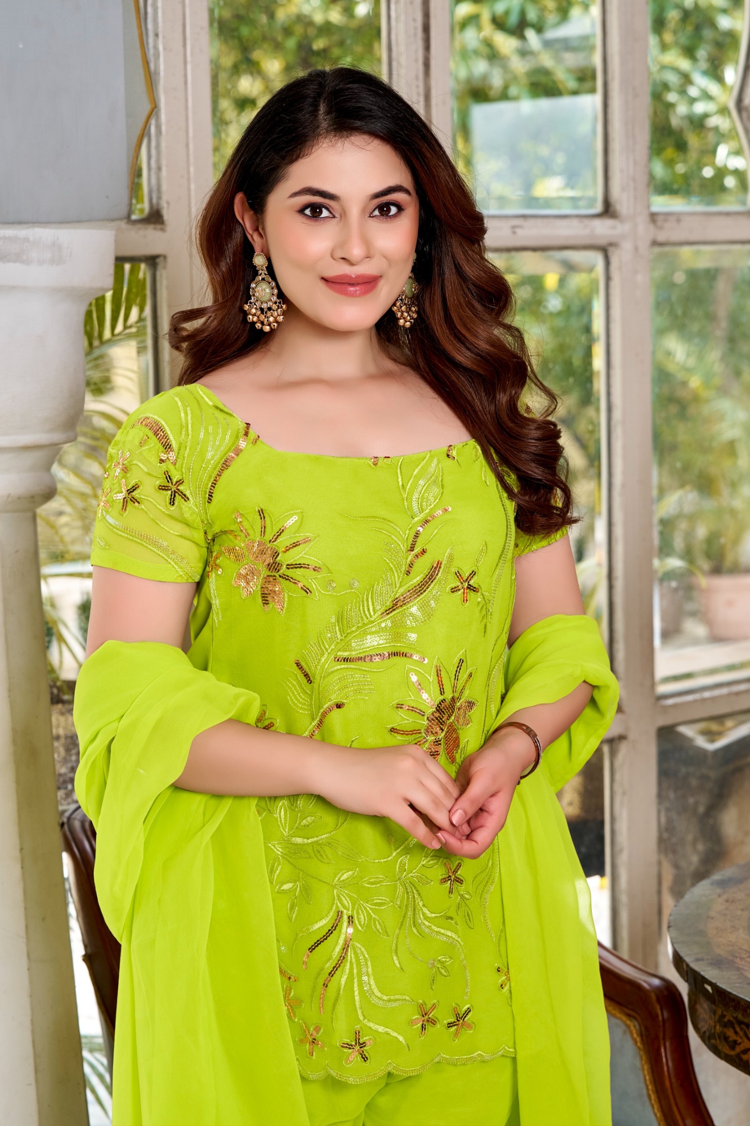Parrot Solid Designer Embroidery Georgette Palazzo Suit