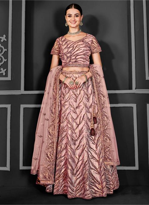 Party Wear Peach Net Lehenga