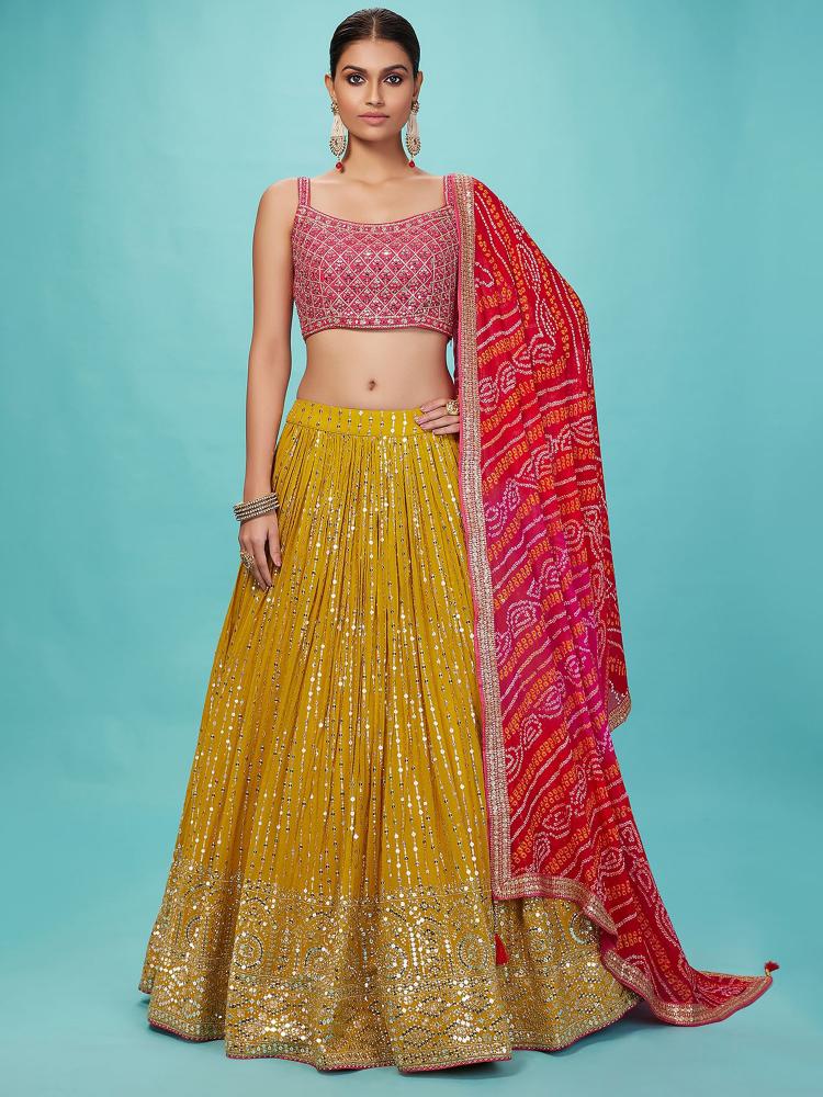 Party Wear Pink Yellow Georgette Lehenga