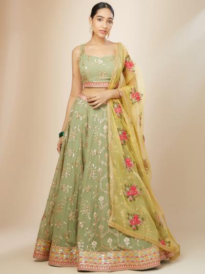 Party Wear Pista Georgette Lehenga