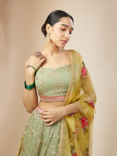 Party Wear Pista Georgette Lehenga