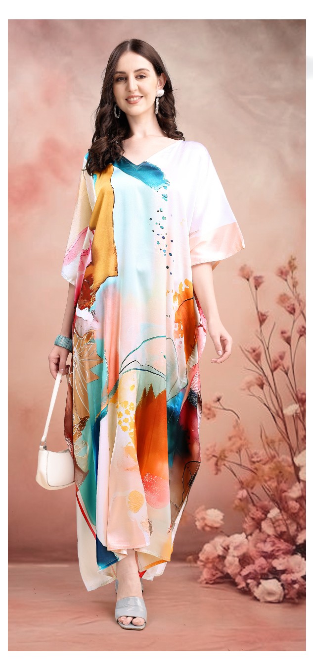Pastel Aura Abstract Digital Printed Satin Kaftan