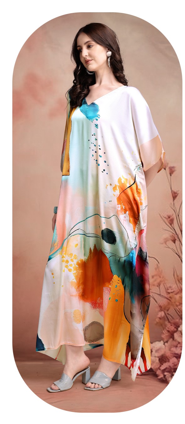 Pastel Aura Abstract Digital Printed Satin Kaftan