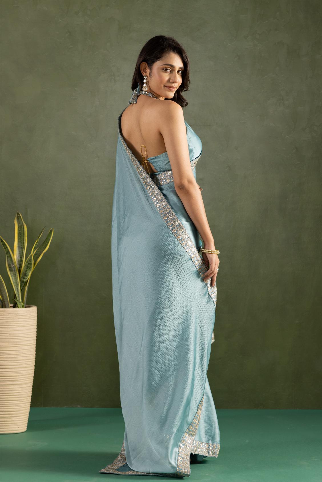Pastel Blue Chiffon Ready To Wear Saree — alternate view