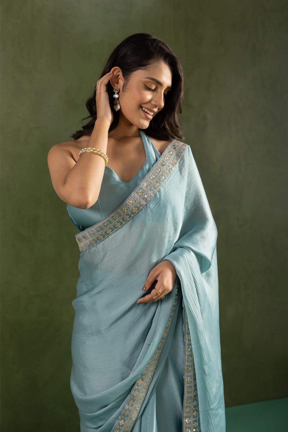 Pastel Blue Chiffon Ready To Wear Saree