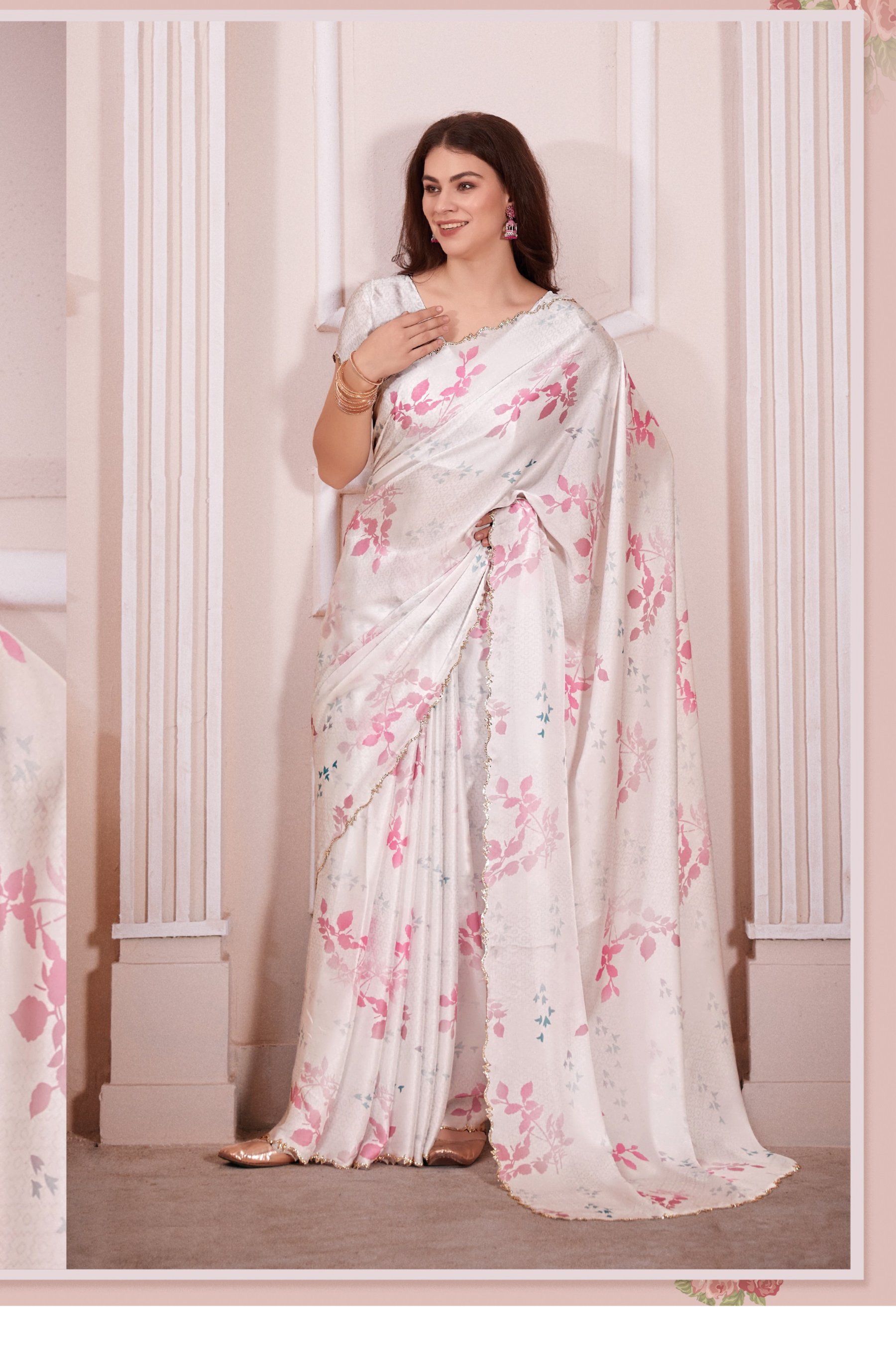 Pastel Mint Satin Floral Print Saree with Zircon Border
