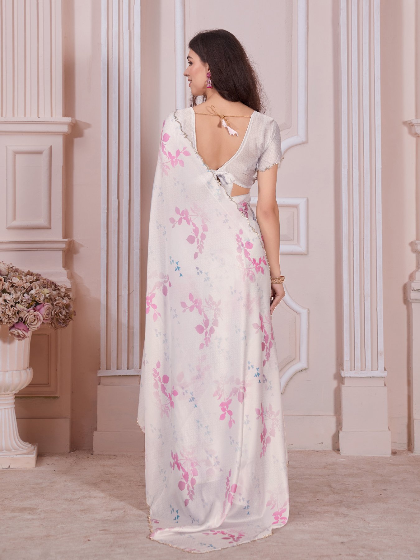 Pastel Mint Satin Floral Print Saree with Zircon Border — alternate view