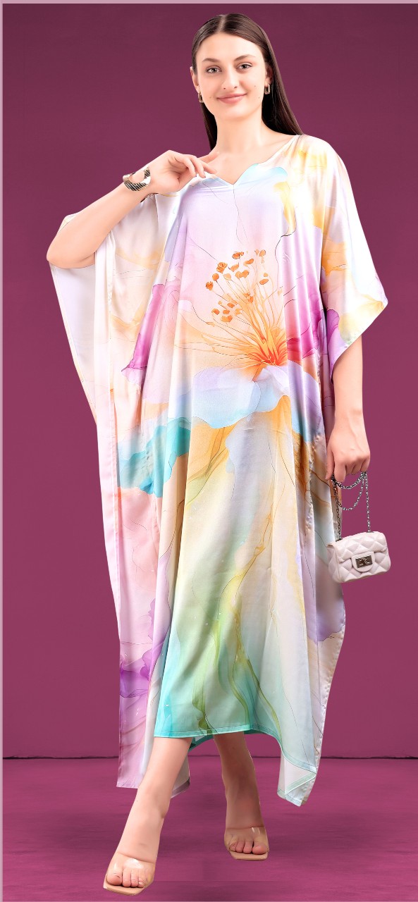 Pastel Multicolor Floral Printed Poly Japan Satin Kaftan