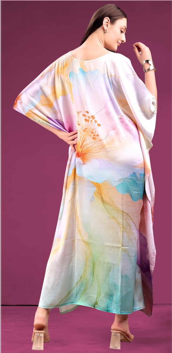 Pastel Multicolor Floral Printed Poly Japan Satin Kaftan — alternate view