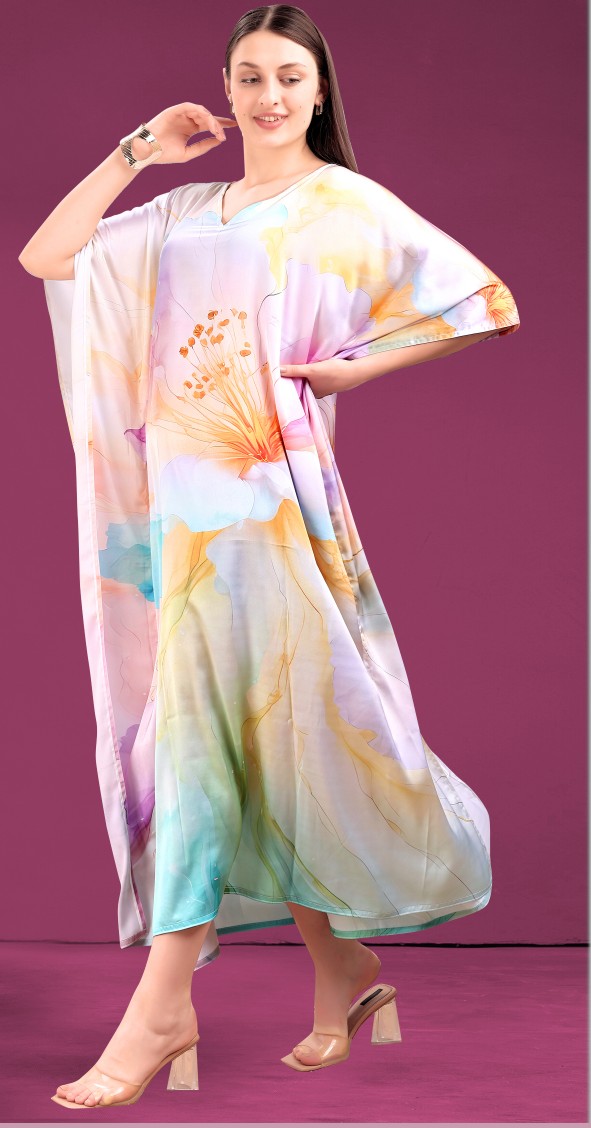 Pastel Multicolor Floral Printed Poly Japan Satin Kaftan