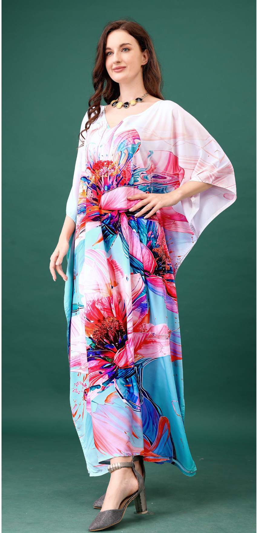 Pastel Petal Digital Printed Feather Silk Kaftan