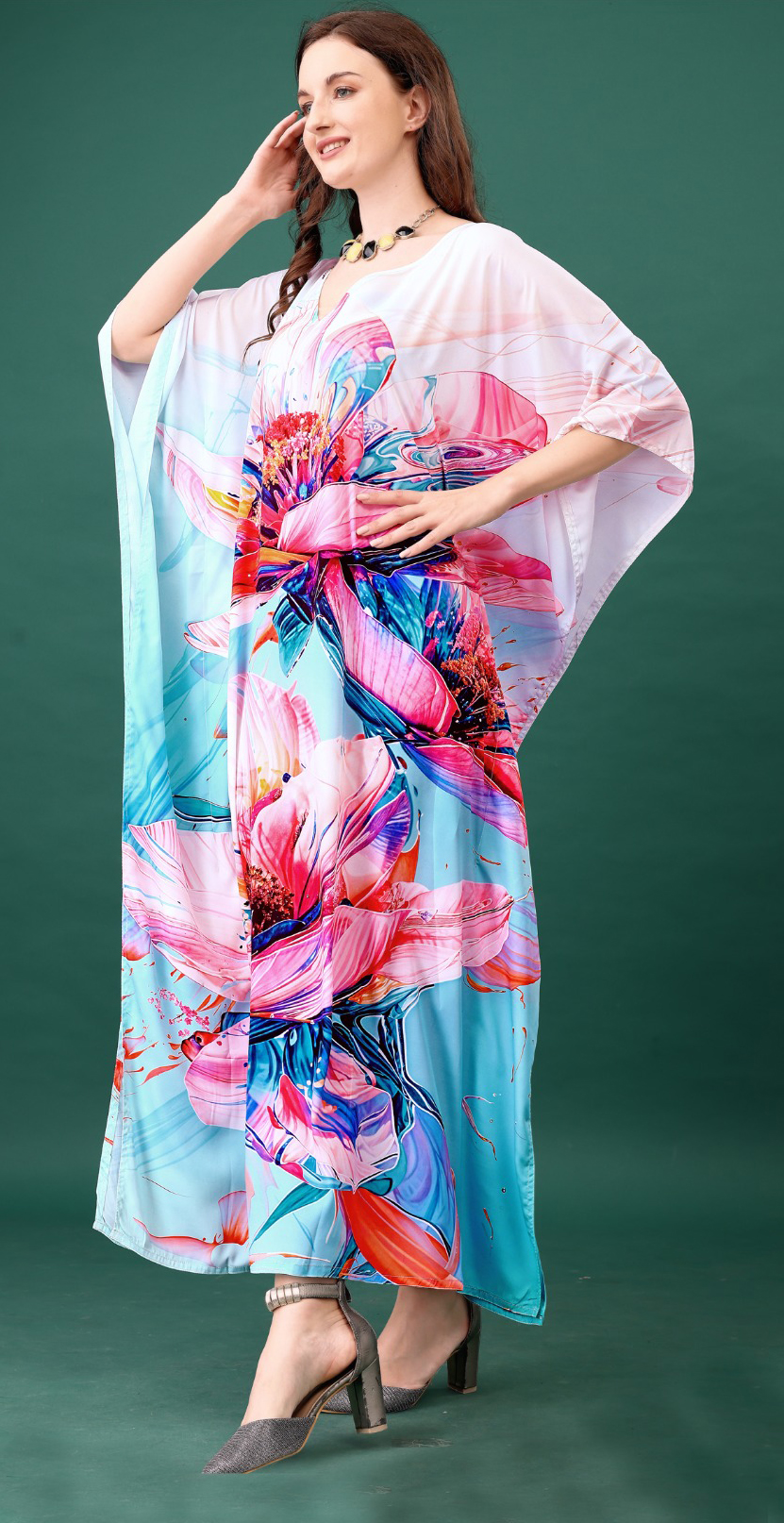 Pastel Petal Digital Printed Feather Silk Kaftan
