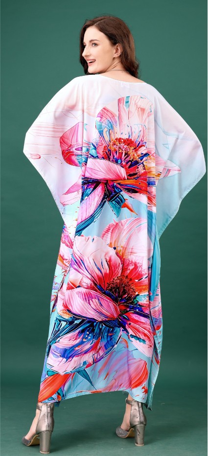 Pastel Petal Digital Printed Feather Silk Kaftan