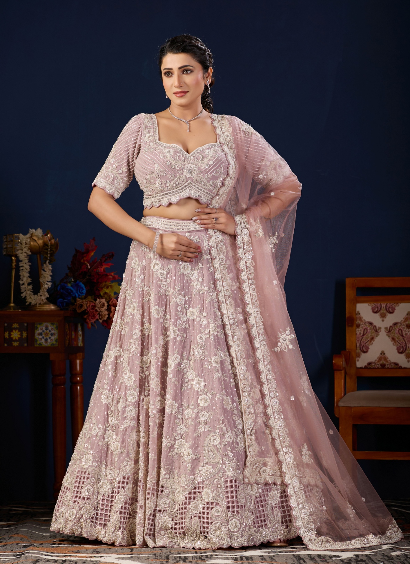 Pastel Pink Floral Embroidered Georgette Lehenga Choli