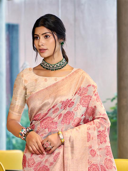 Pastel Pink Floral Woven Cotton Silk Saree