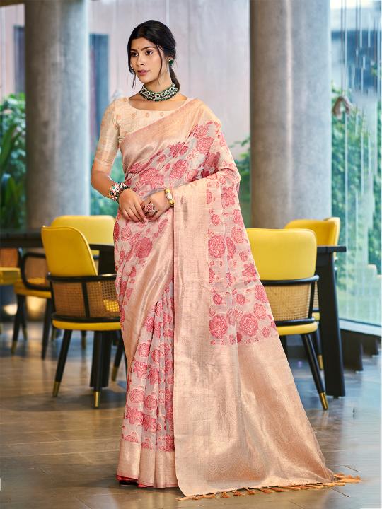 Pastel Pink Floral Woven Cotton Silk Saree