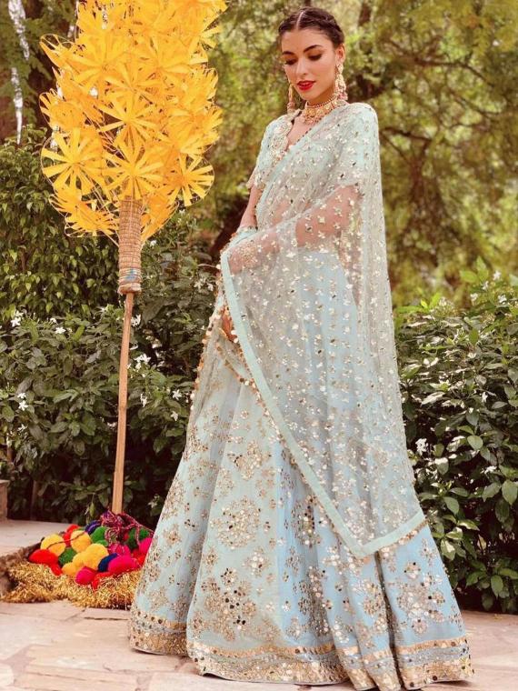 Pastel Soft Net Sequins Embroidered Lehenga
