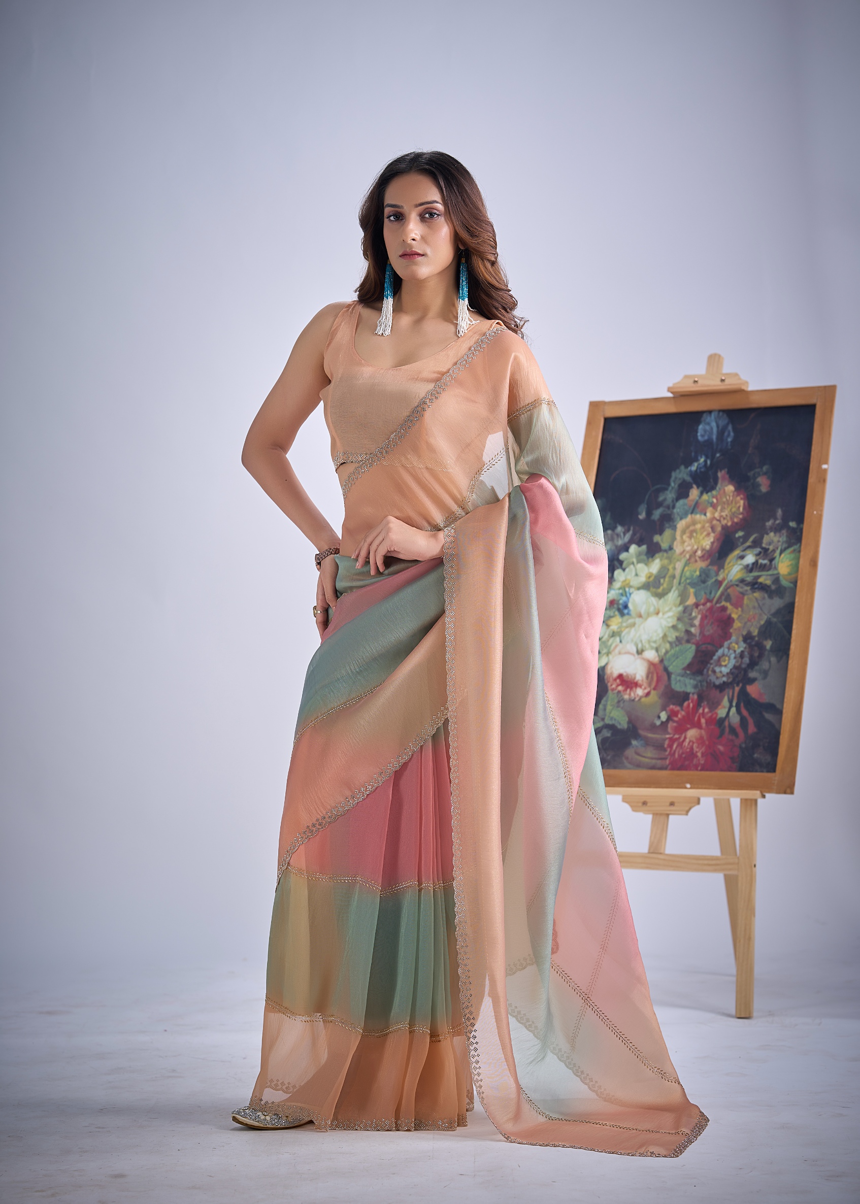 Peach Abstract Bead Pure Silk Elegant Saree