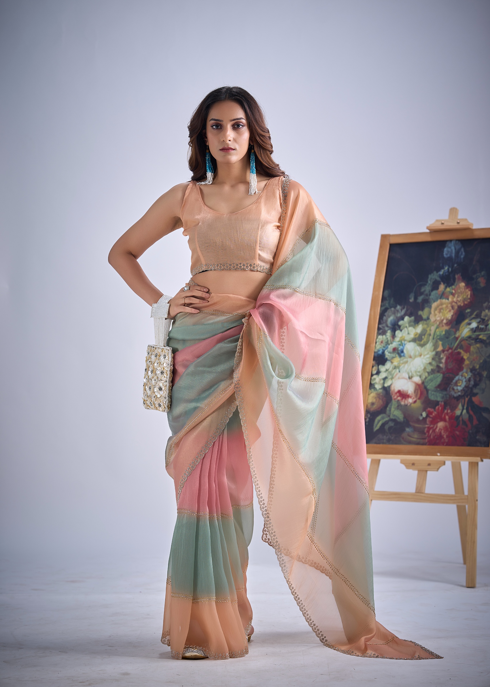 Peach Abstract Bead Pure Silk Elegant Saree