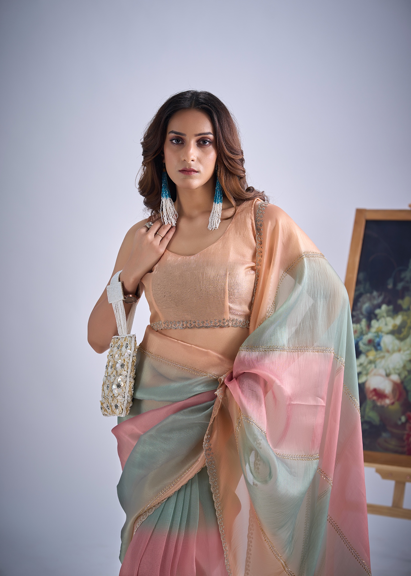 Peach Abstract Bead Pure Silk Elegant Saree