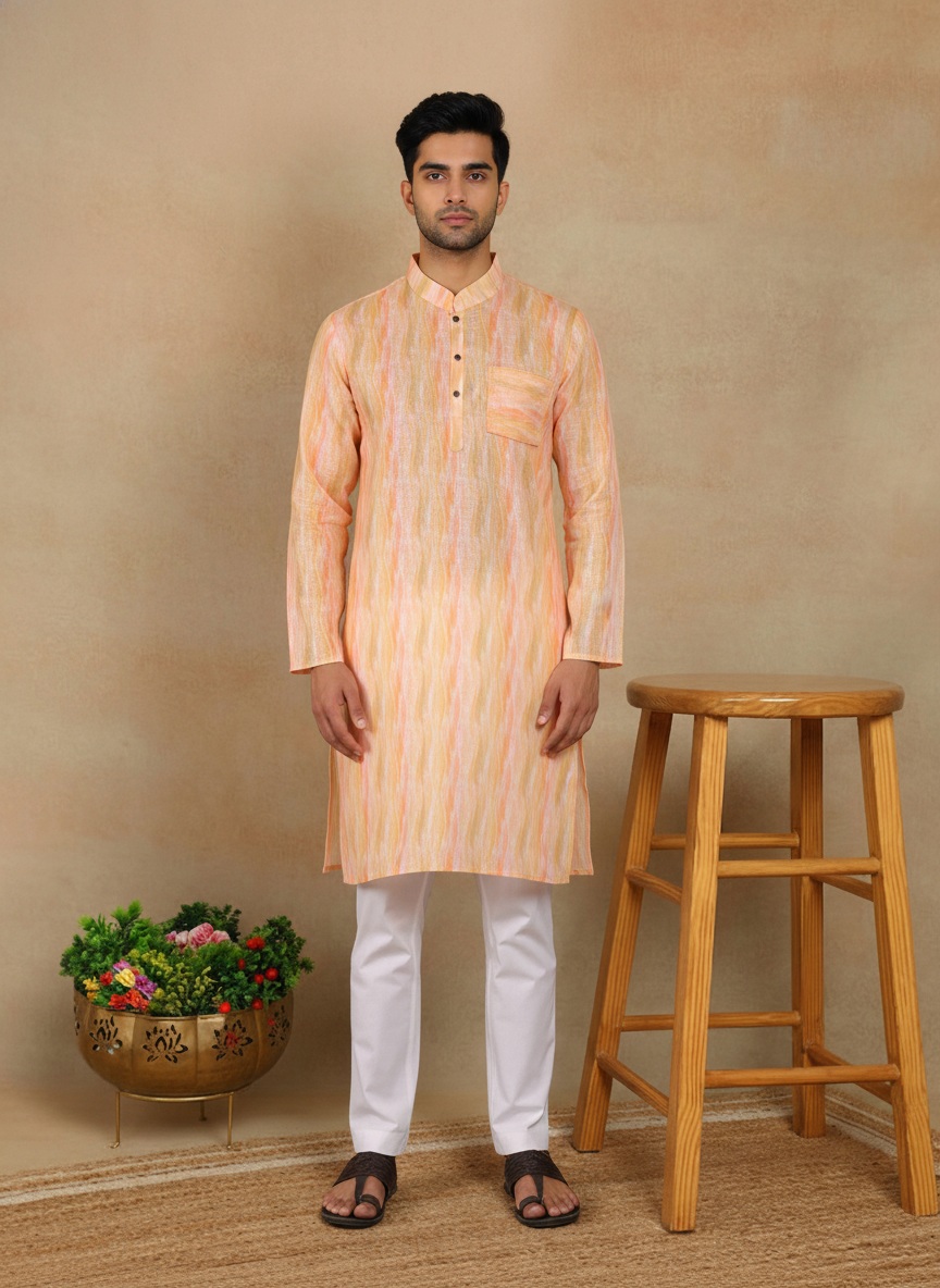 Peach Abstract Printed Linen Kurta Pyjama