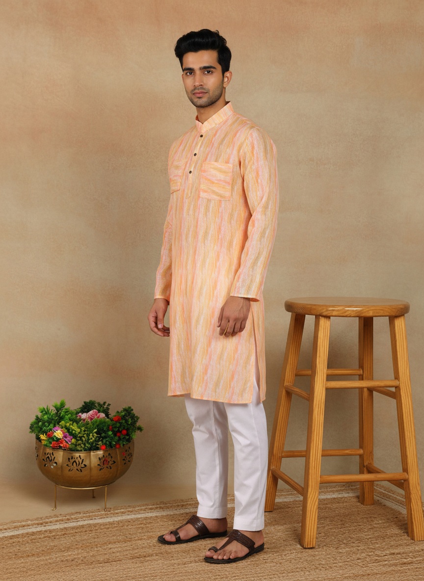 Peach Abstract Printed Linen Kurta Pyjama