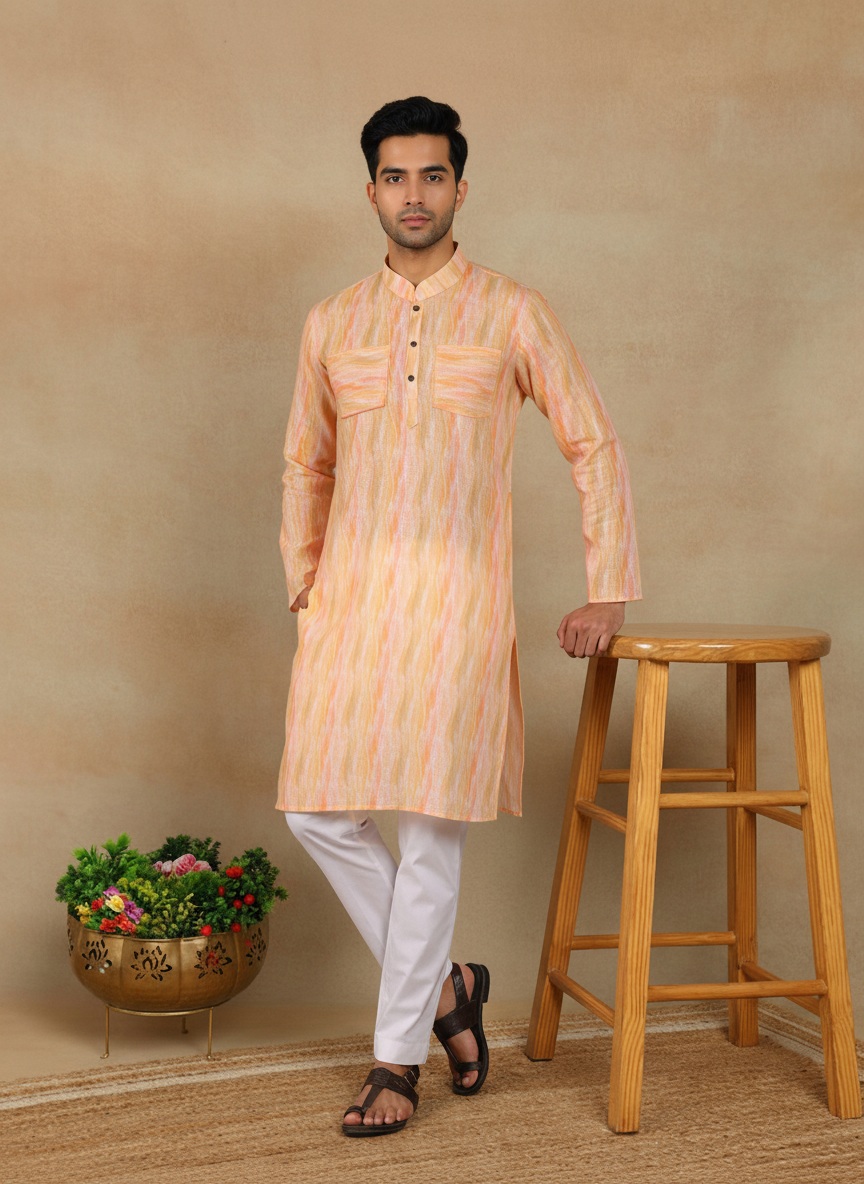 Peach Abstract Printed Linen Kurta Pyjama