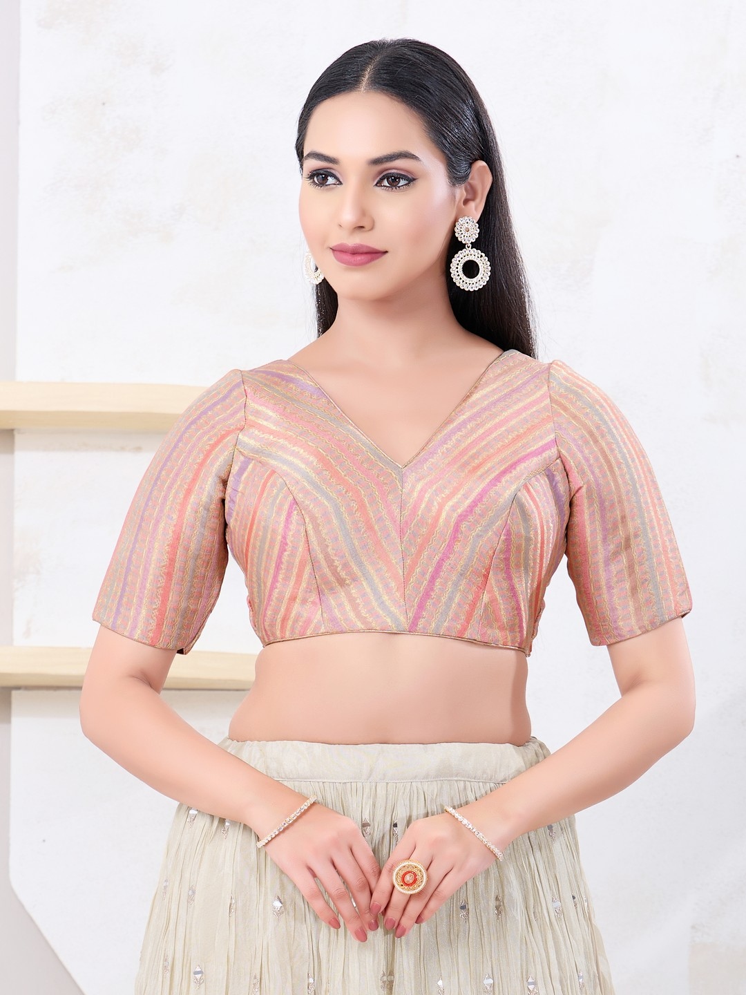 Peach Abstract Woven Jacquard Designer Blouse