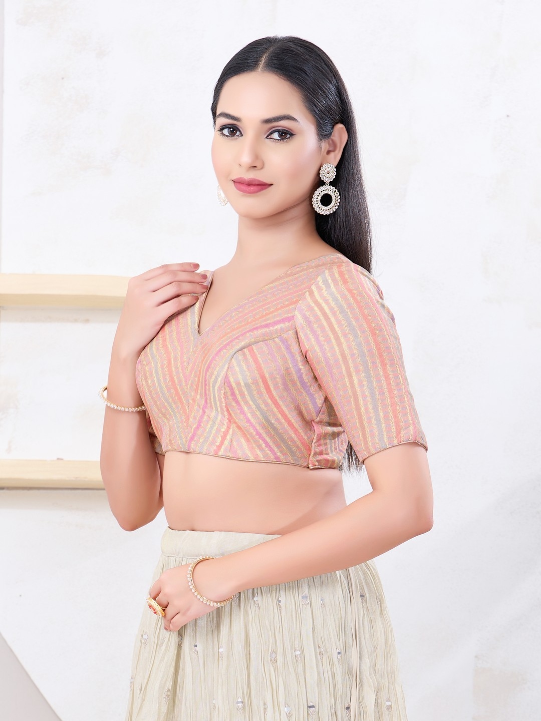 Peach Abstract Woven Jacquard Designer Blouse