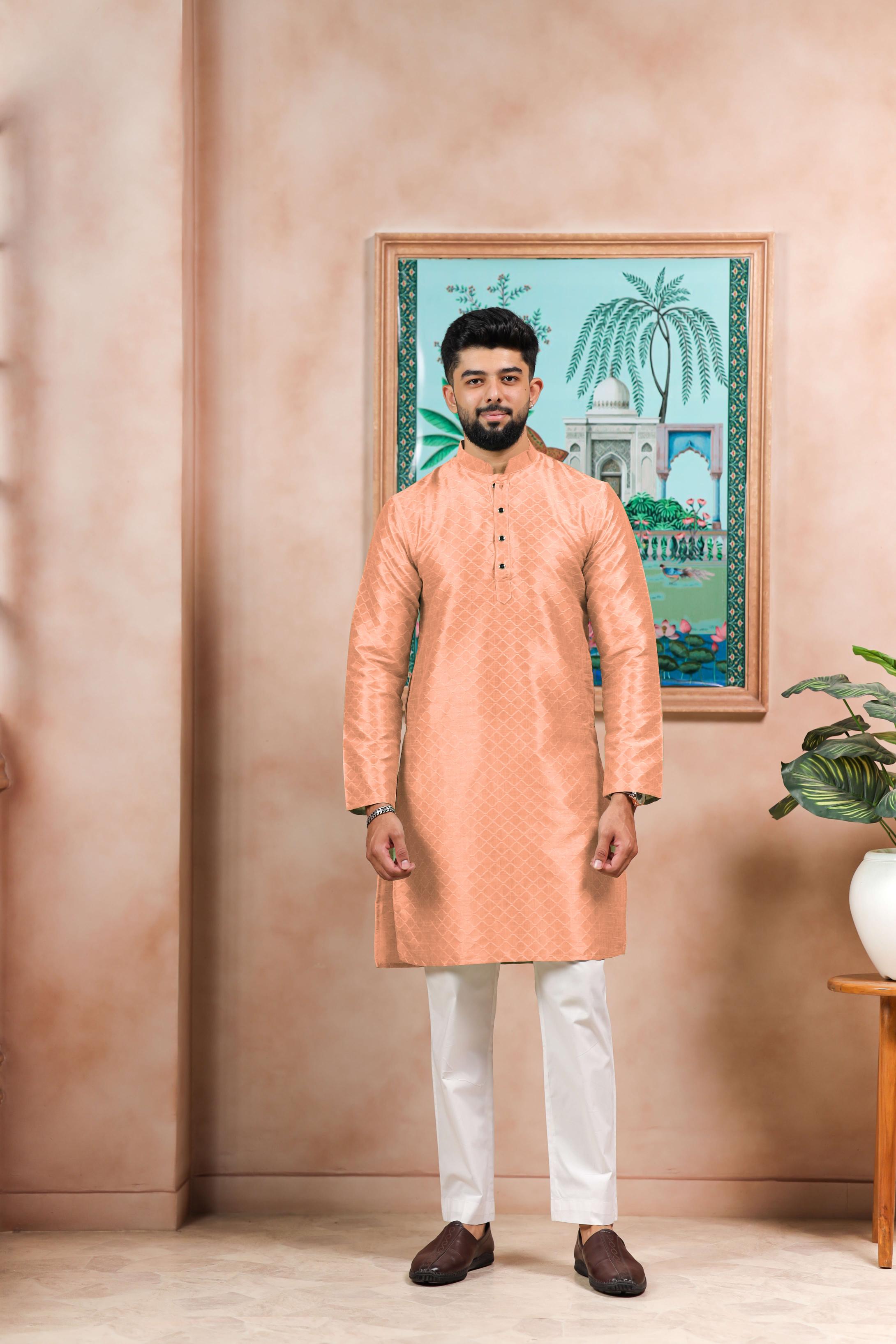 Peach Art Silk Kurta Pyjama