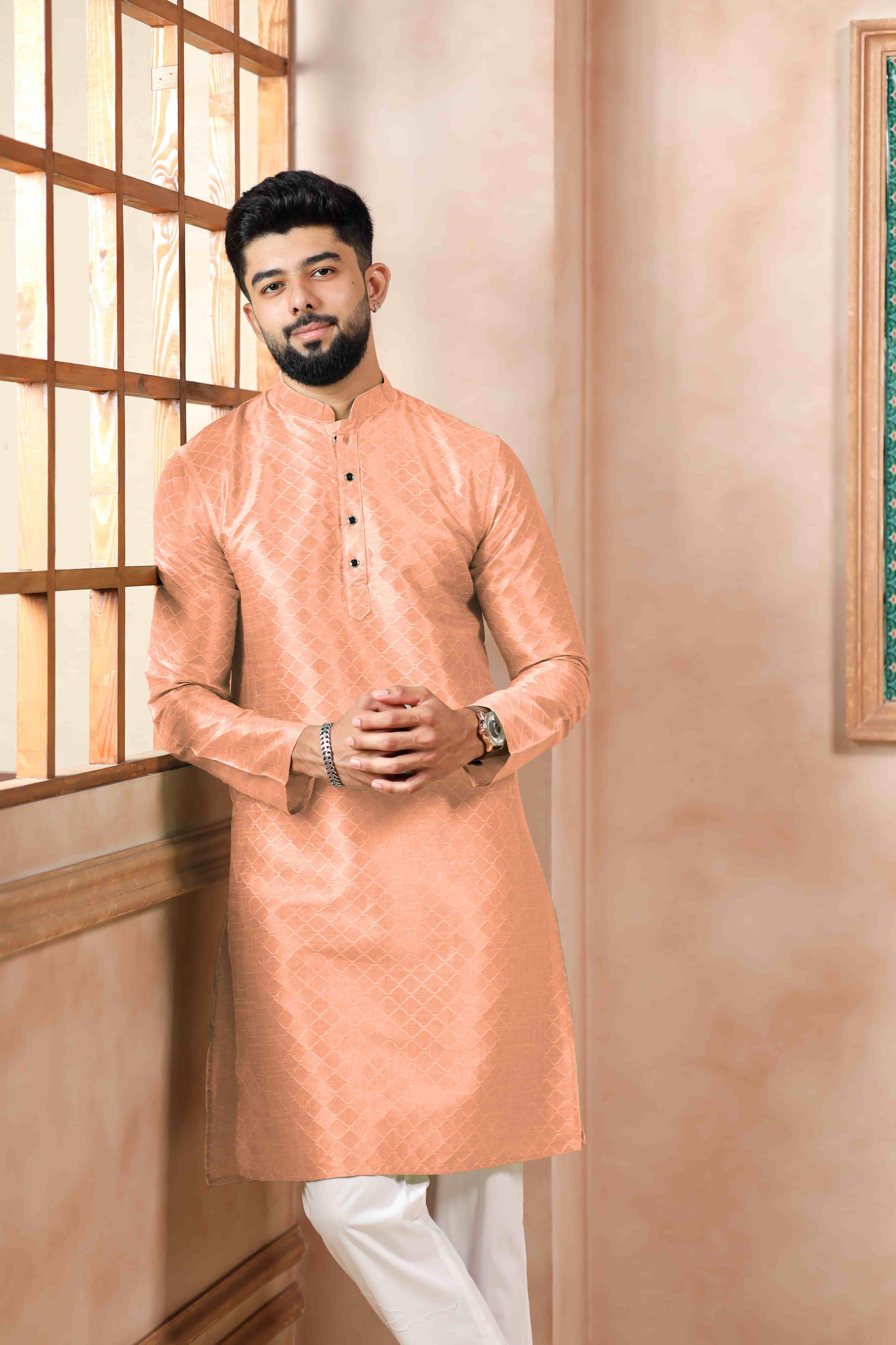 Peach Art Silk Kurta Pyjama