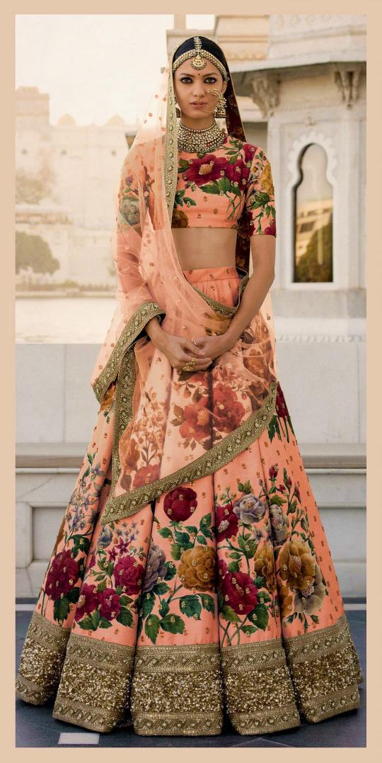 Peach Art Silk Printed Lehenga