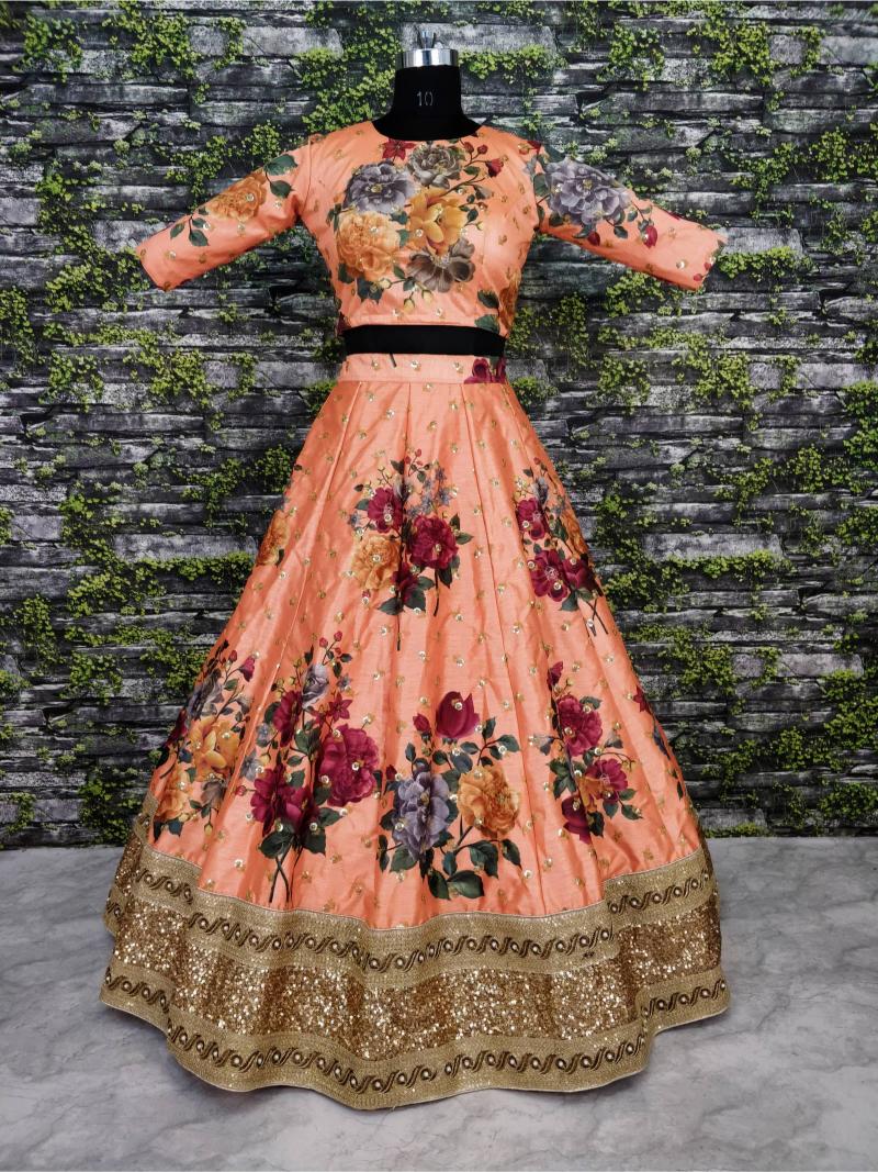 Peach Art Silk Printed Lehenga