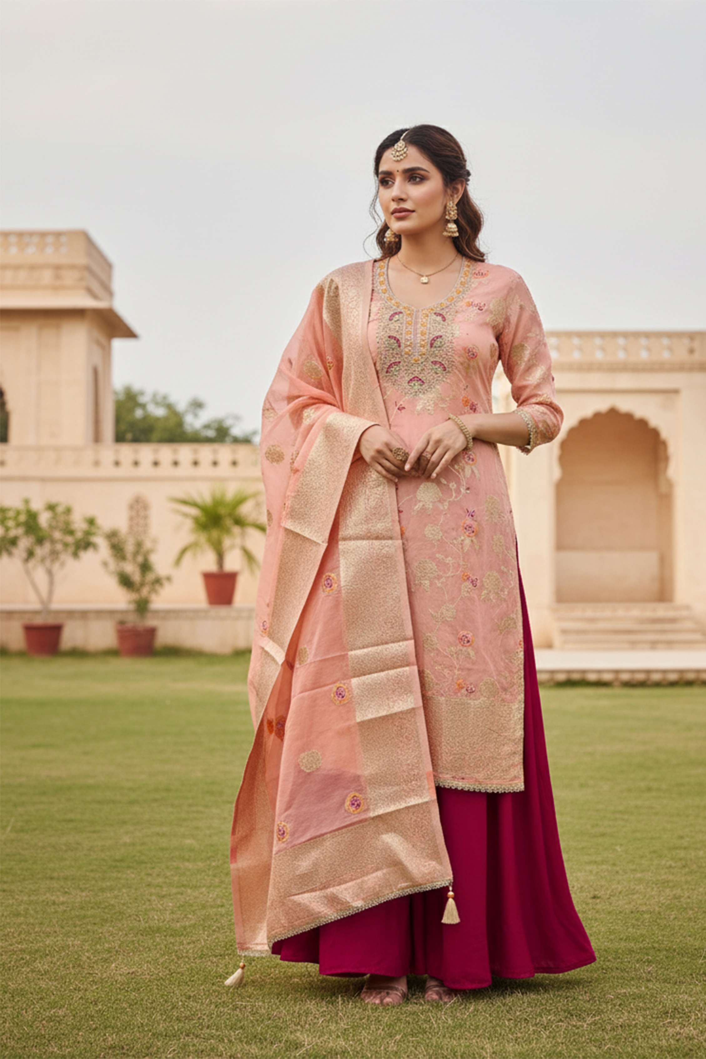 Peach Banarasi Cotton Woven Elegance Straight Salwar Suit