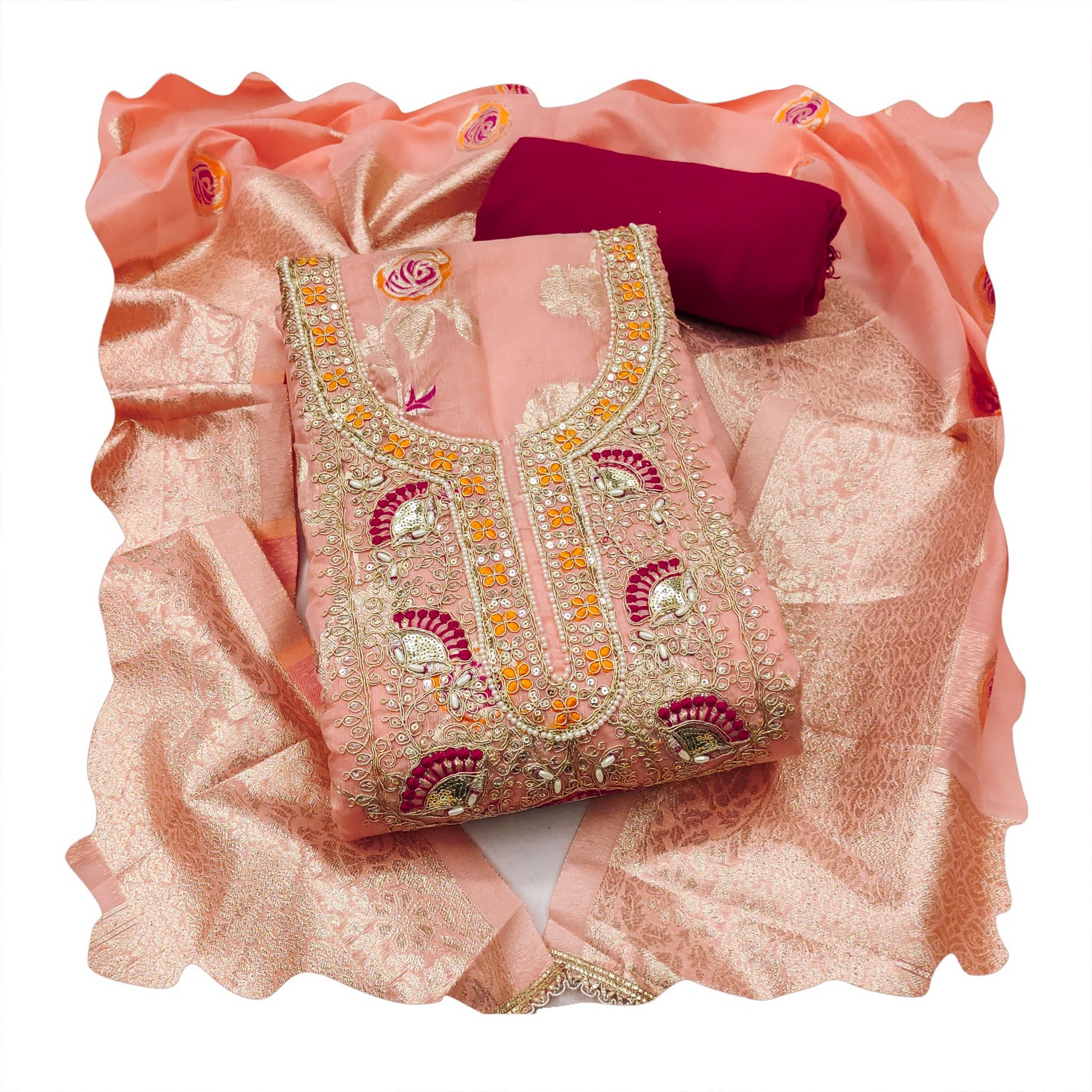 Peach Banarasi Cotton Woven Elegance Straight Salwar Suit — alternate view