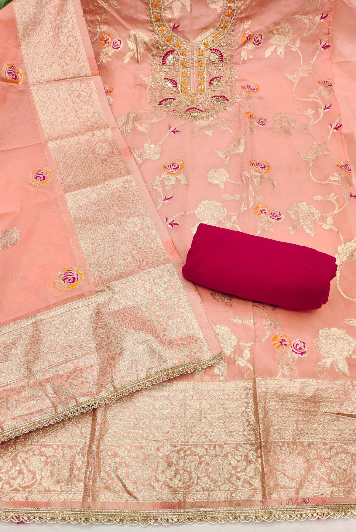 Peach Banarasi Cotton Woven Elegance Straight Salwar Suit